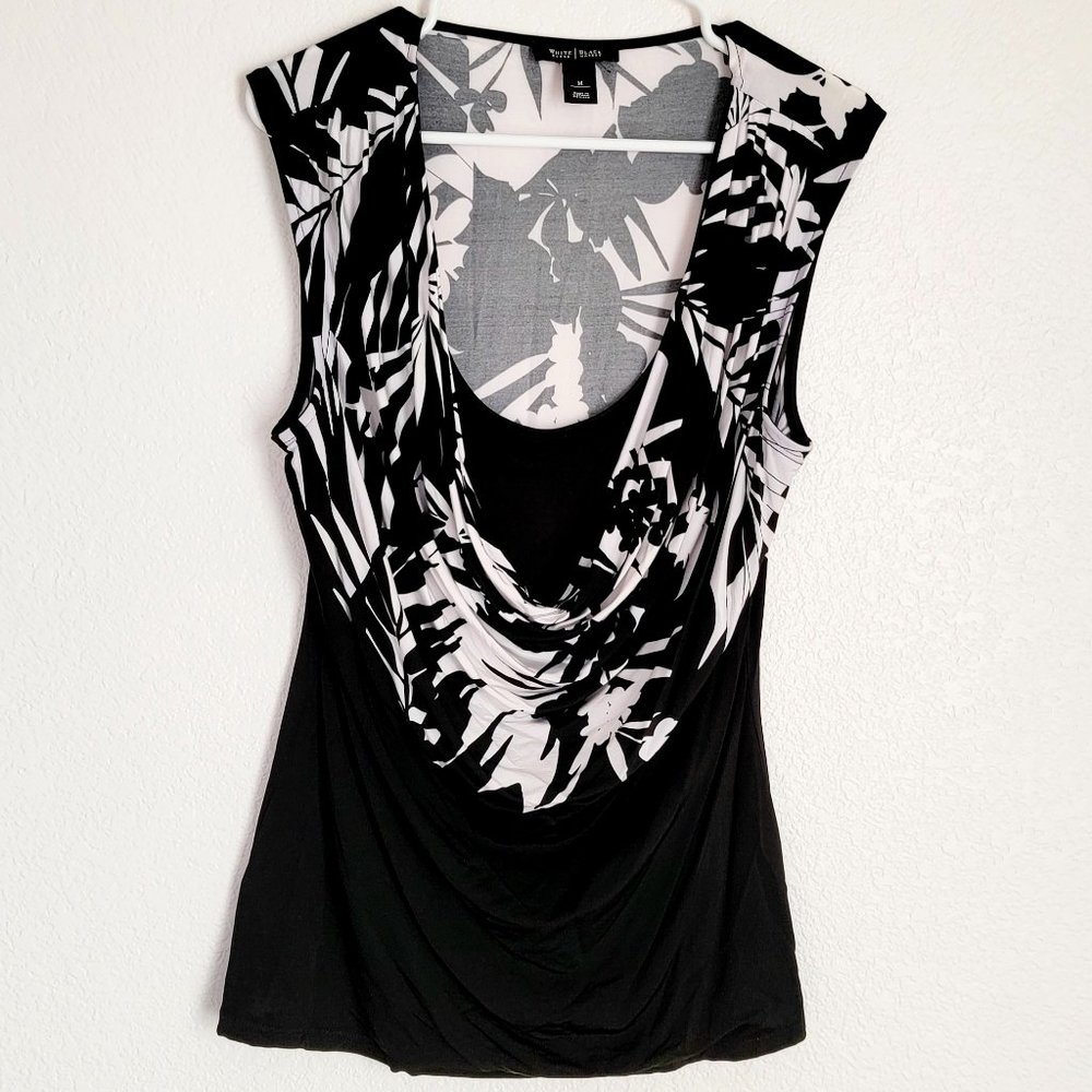White House Black Market Black and White Floral Cowl Neck Top Size M